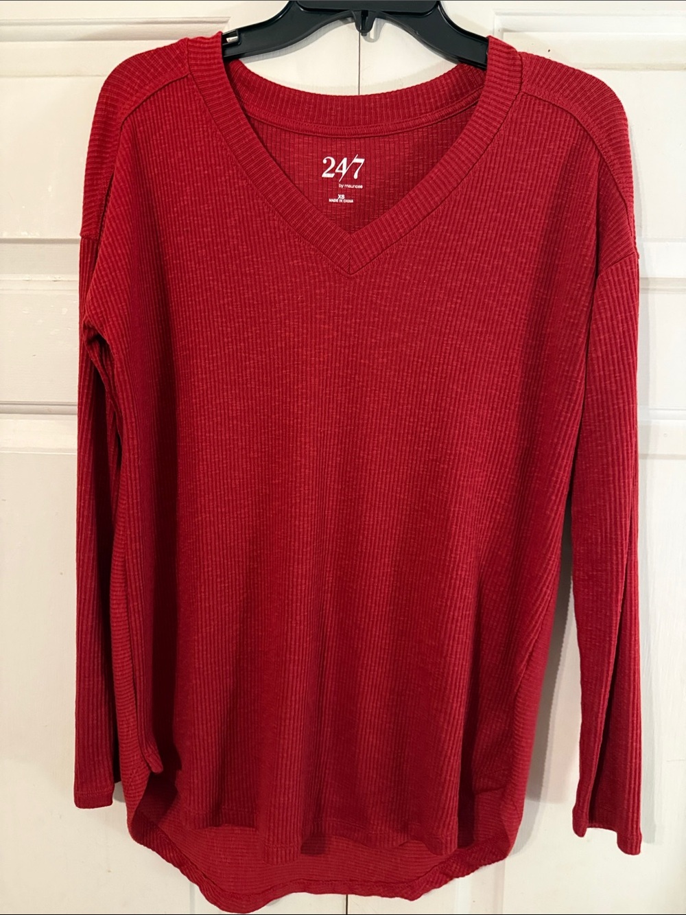 Maurices Red Ribbed V-Neck Long Sleeve Top